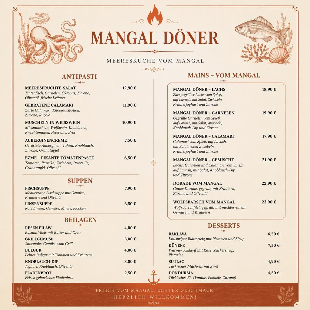 A4-Menükarte im Fine-Dining-Stil in Creme und Rost mit Seafood-Gerichten, Rubriken, Preisen und dekorativem Header