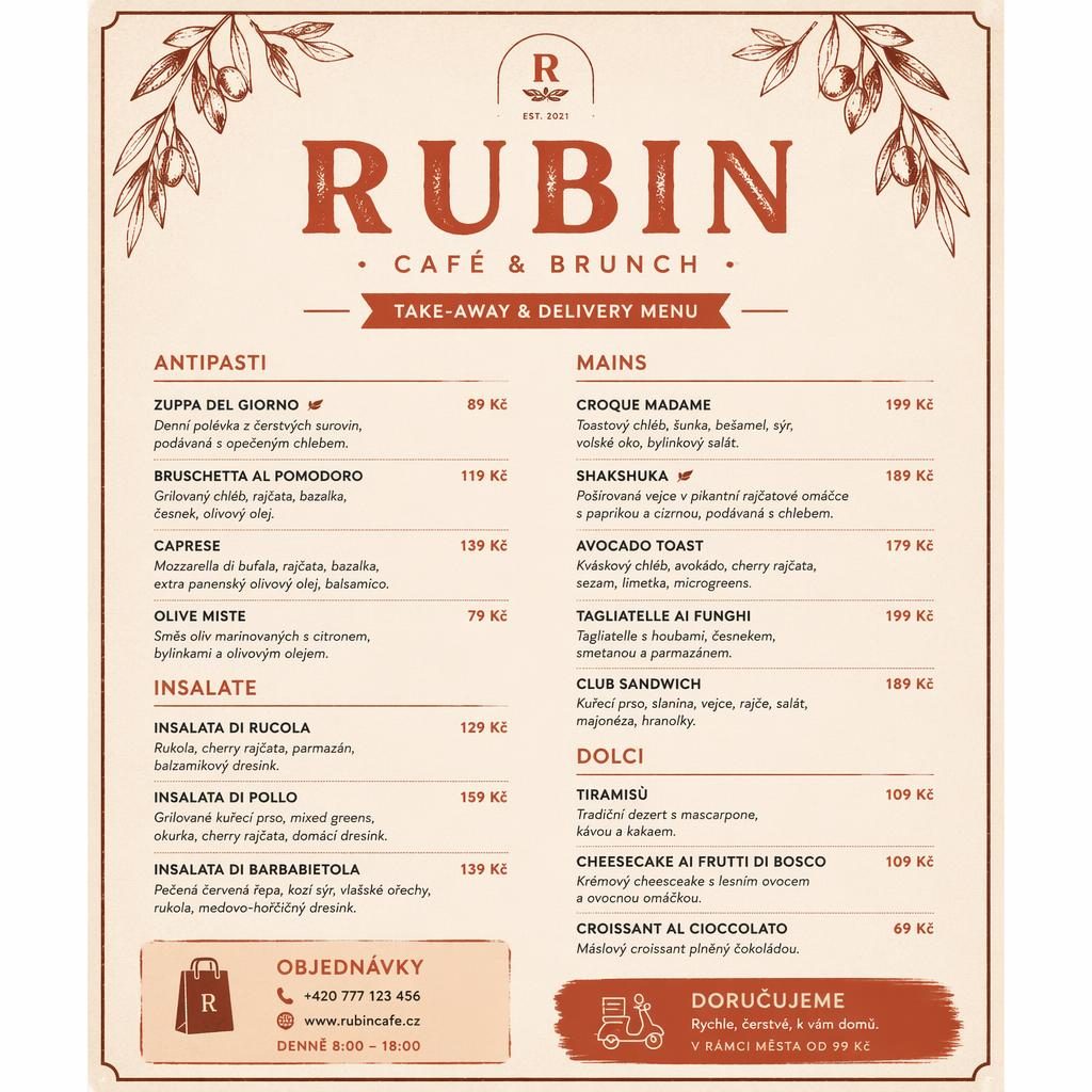 Rustikální menu karta A4 pro rubin menu v teplých krémových a rezavých tónech s dekorativní hlavičkou a cenami.