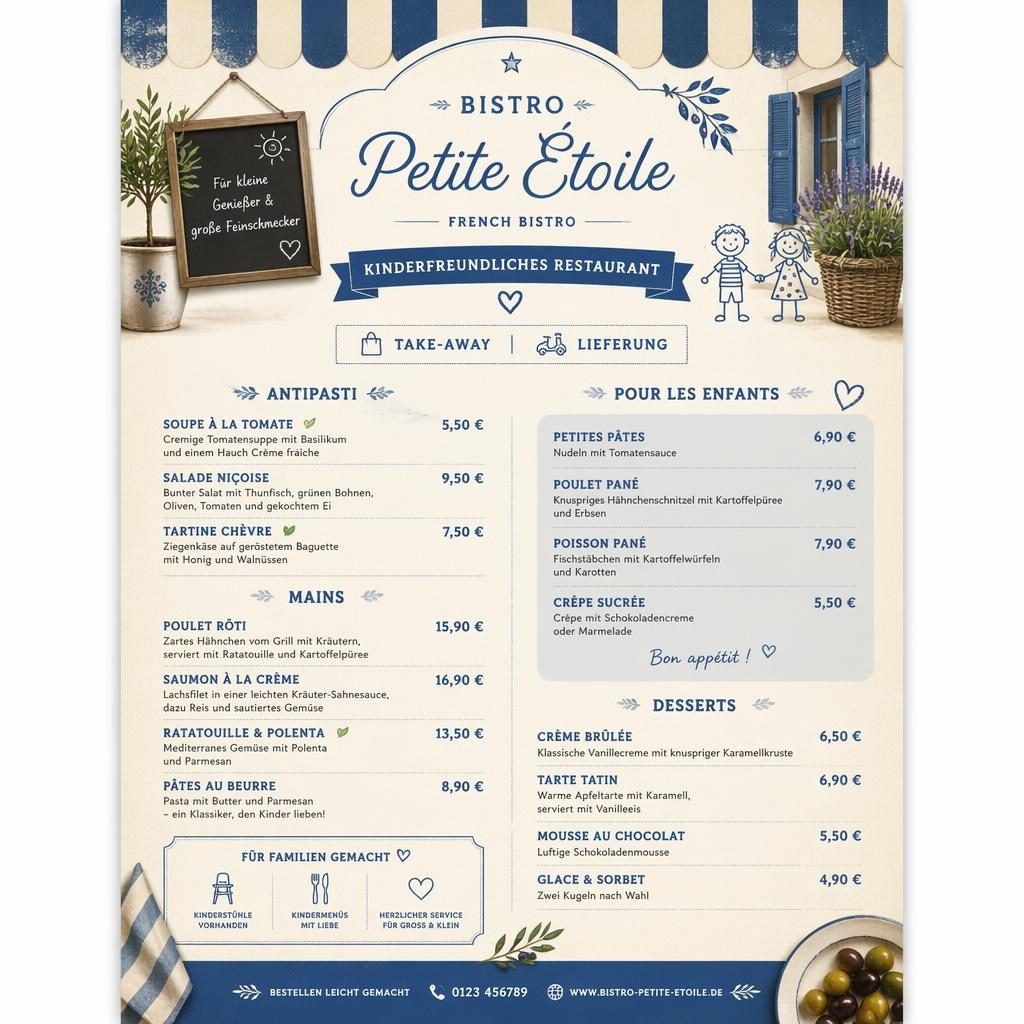 A4-Menükarte für Take-away eines kinderfreundlichen Restaurants im französischen Bistro-Stil in Blau und Creme