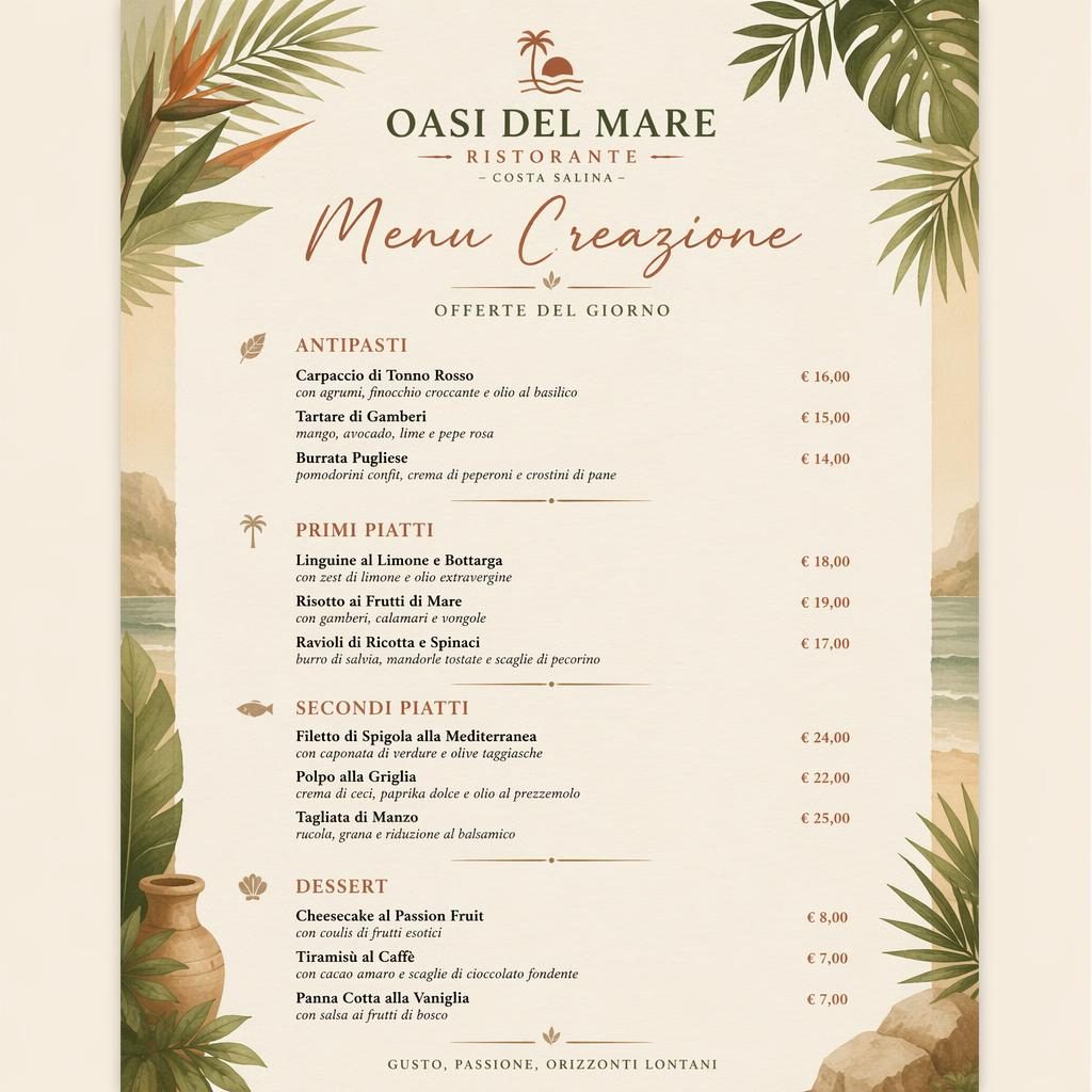 Carte de menu italienne A4 portrait, style resort tropical aux tons terre chauds, avec rubriques, plats, descriptions et colonne de prix.