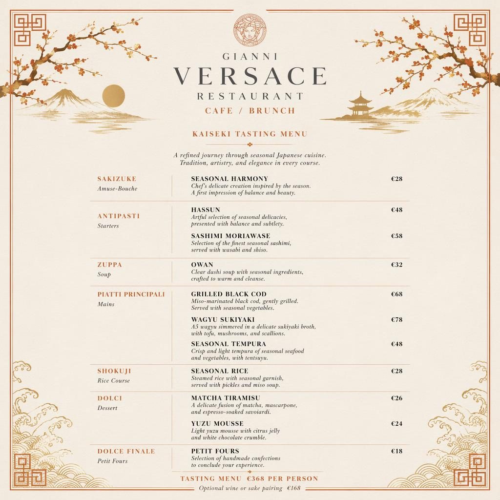 A4 portrait tasting menu card for gianni versace restaurant in warm cream and rust, with kaiseki-inspired sections and prices.