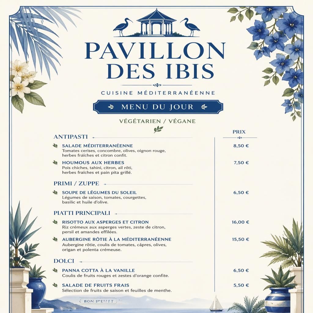 Carte de menu A4 portrait végétarienne/végan, palette bleu méditerranéen et crème, style resort tropical.