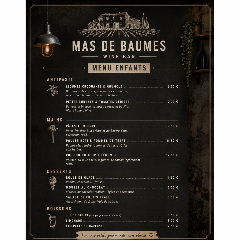 Carte de menu enfant A4 en portrait, style loft industriel sombre, avec en-tête décoratif, rubriques, plats fictifs et prix.