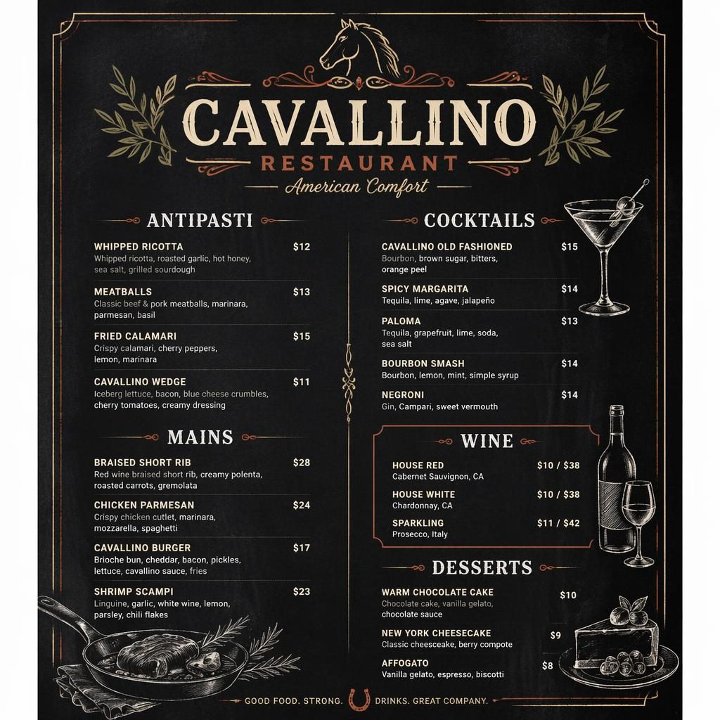 A4-Getränke- und Cocktailkarte für cavallino restaurant im Chalkboard-Café-Stil, warme Erdtöne, dekorativer Header
