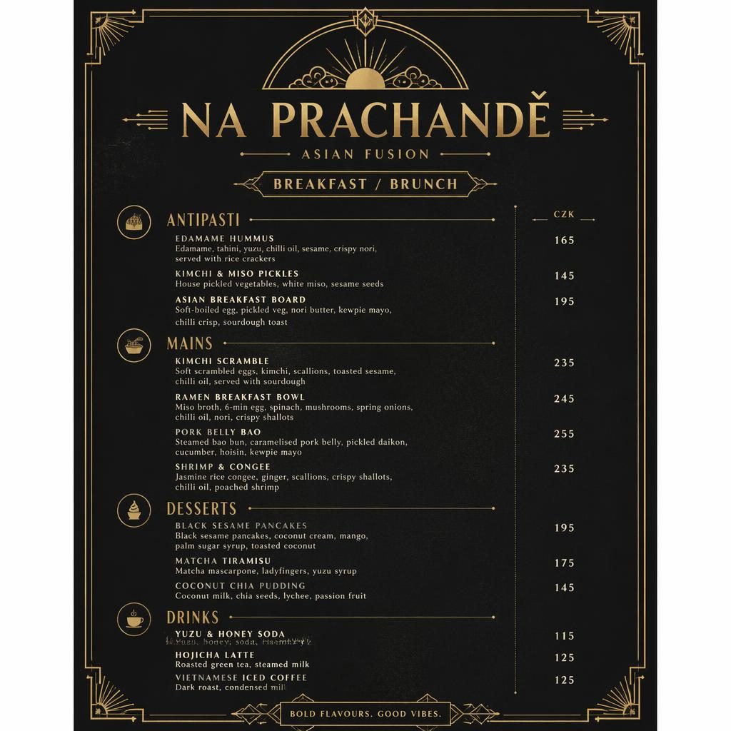Luxusní A4 menu karta na prachandě pro brunch v černo-zlaté paletě, vintage styl 20. let, dekorativní hlavička a ceny.