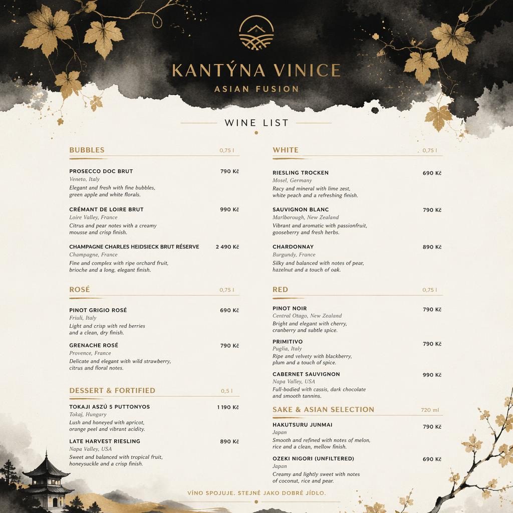 A4 vínní lístek pro kantýna vinice v akvarelovém stylu, černo-zlatá paleta, dekorativní záhlaví a ceny.