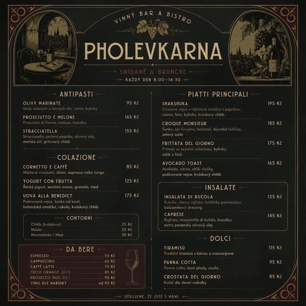 A4 jídelní lístek pholevkarna menu pro brunch, tmavá vintage grafika, dekorativní záhlaví, sekce a sloupec s cenami