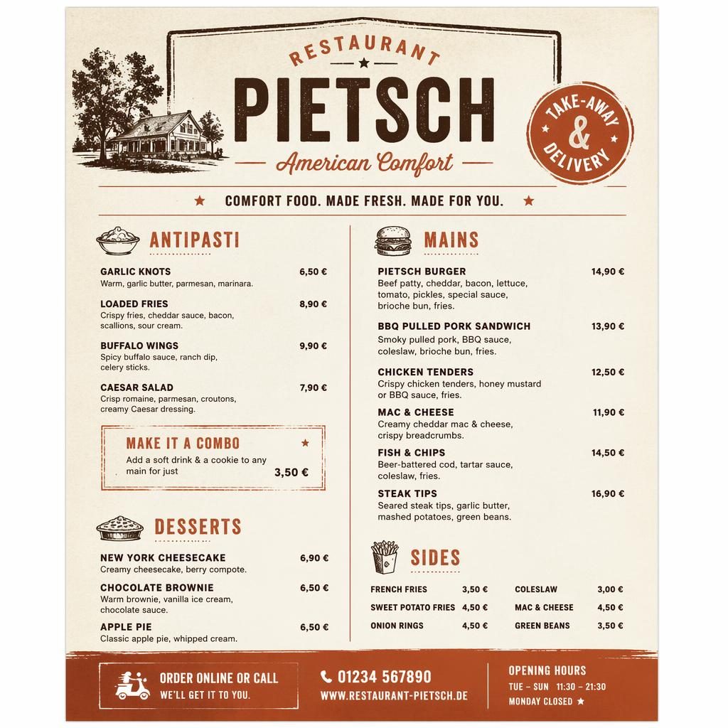 A4-Menükarte für Restaurant Pietsch im rustikal-warmen Stil mit dekorativem Header, Rubriken, Platzhaltertext und Preisspalte.