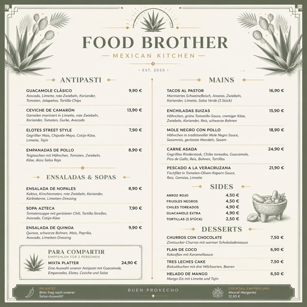 A4-Menükarte im Hochformat in Salbei und Elfenbein, mexikanisches Dinner-Menü mit dekorativer Kopfzeile und Preisen