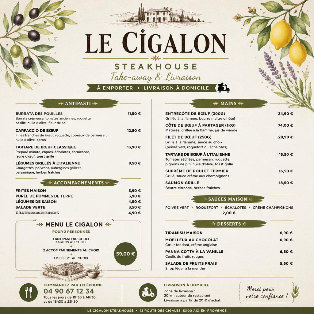 Carte de menu A4 portrait pour steakhouse, style rustique chaleureux, en-tête décoratif, rubriques, plats fictifs et prix.