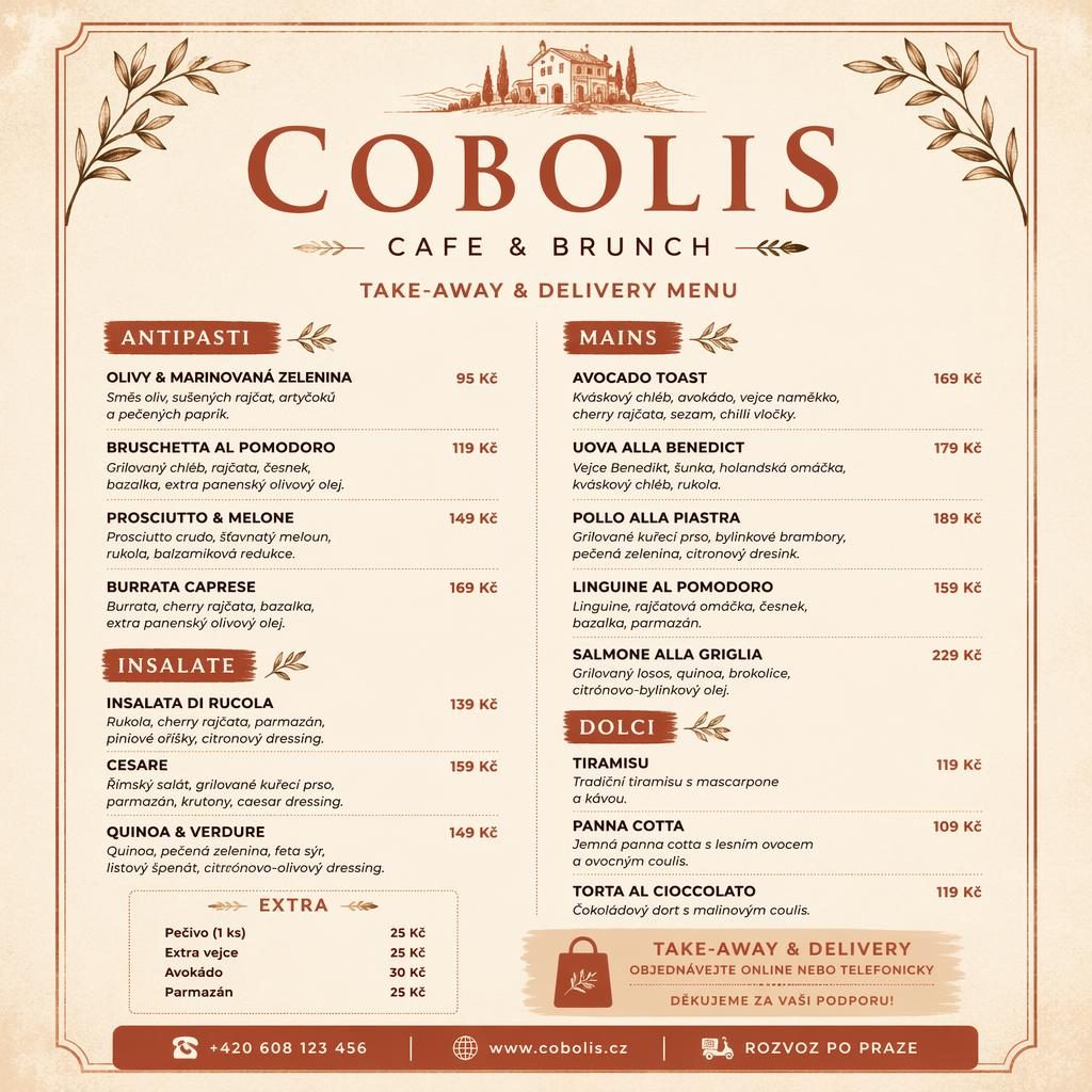 A4 menu karta cobolis menu v teplých krémových a rezavých tónech, rustikální styl, sekce jídel, ceny a dekorativní záhlaví