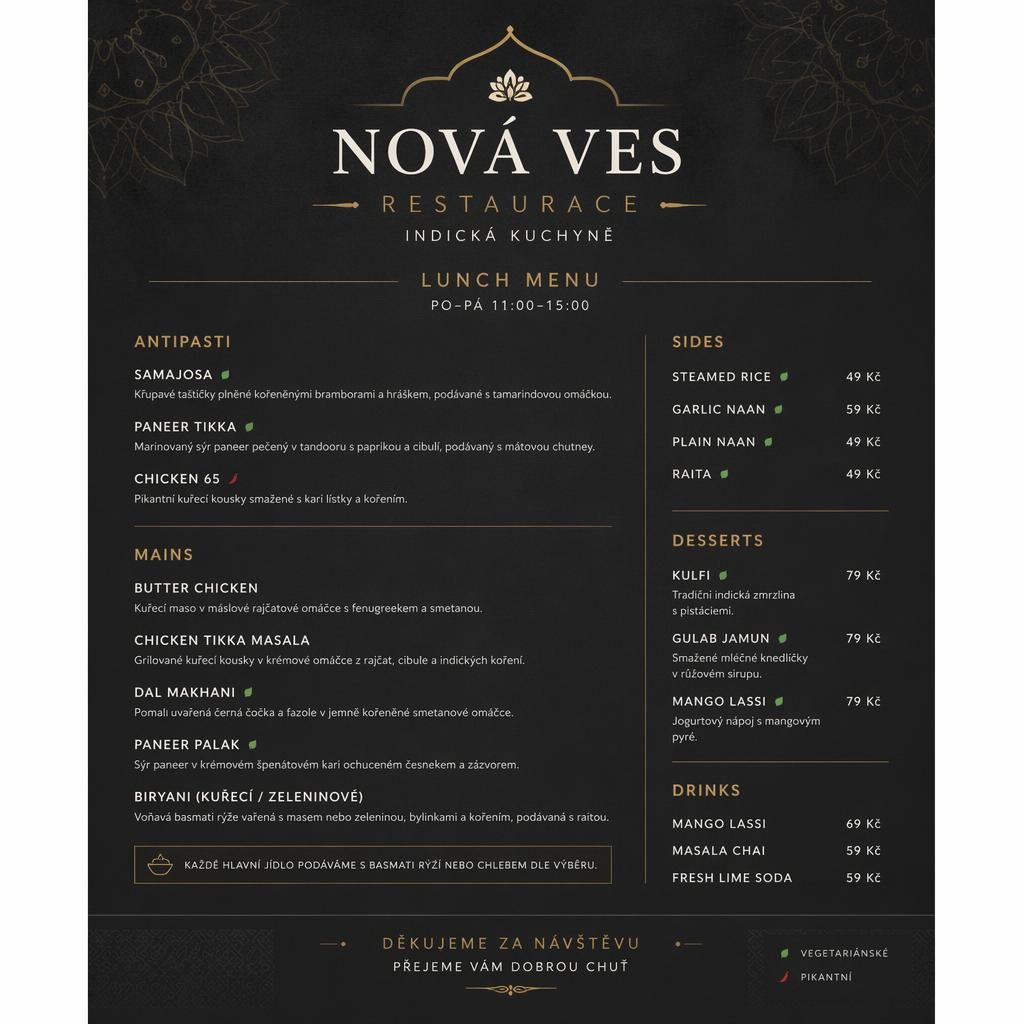 A4 menu karta pro nová ves restaurace v tmavé minimalistické švýcarské úpravě s sekcemi jídel a sloupcem cen.
