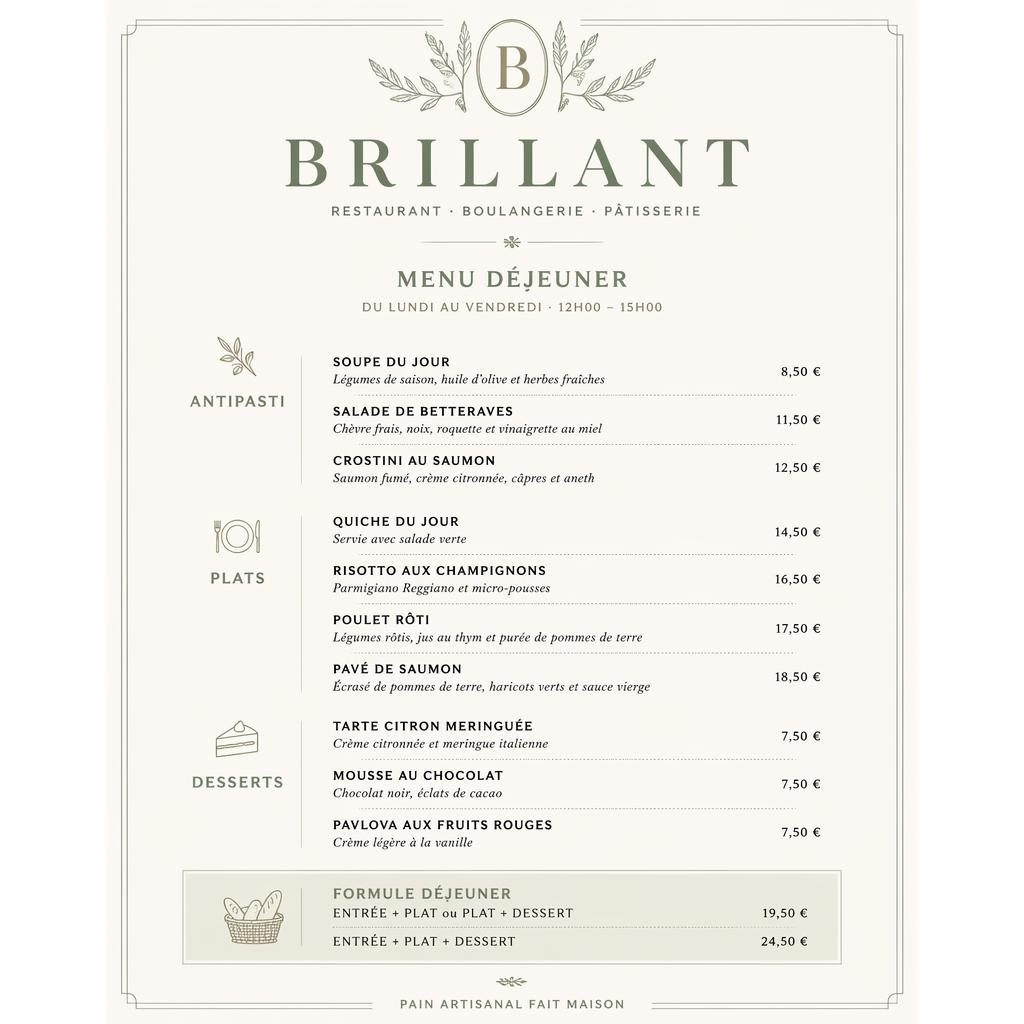 Carte de menu déjeuner A4 en portrait pour restaurant brillant, style suisse minimaliste, palette sauge et ivoire.