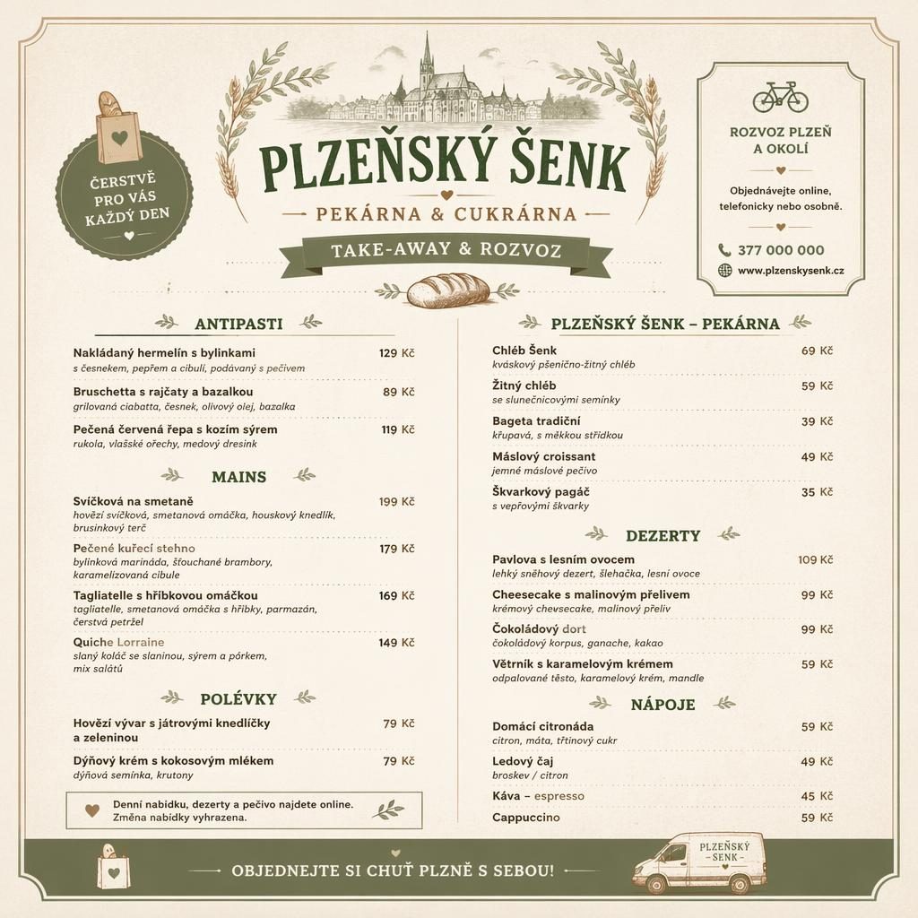 Menu karta A4 na výšku pro plzensky senk v teplém rustikálním stylu, paleta šalvějová a slonovinová, ceny a sekce.