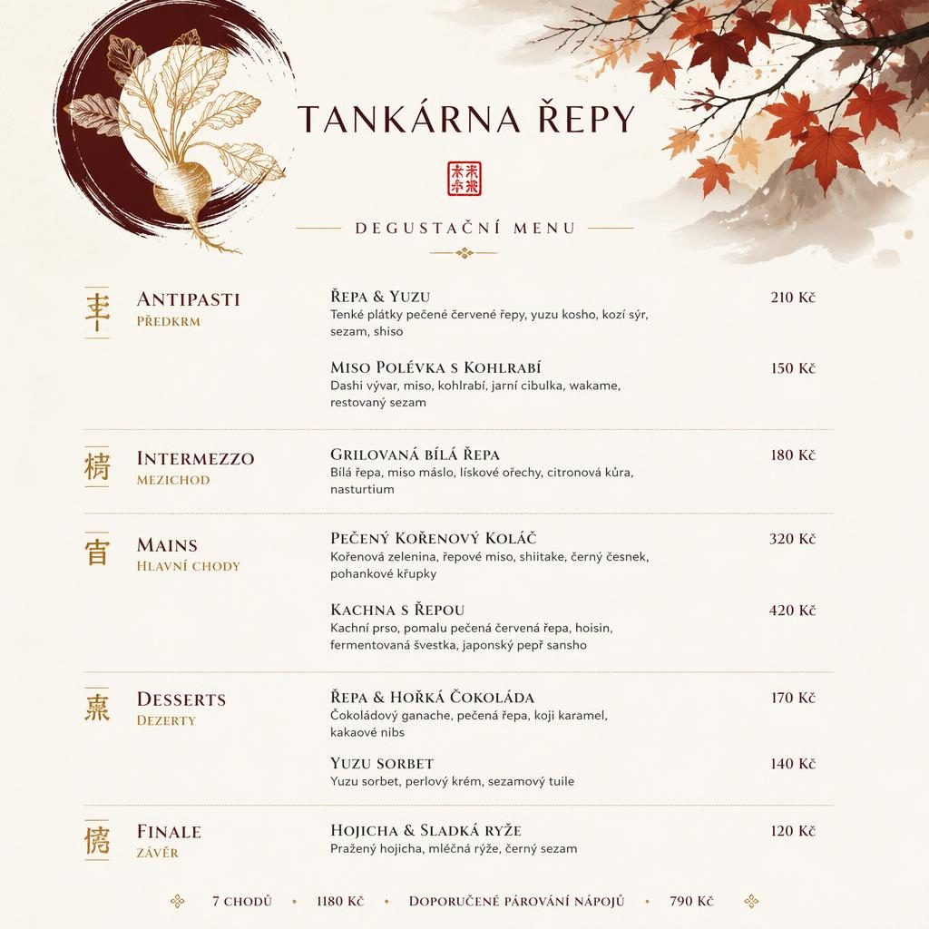 A4 menu karta na výšku pro tankárna řepy, kaiseki styl, podzimní paleta, dekorativní záhlaví a sloupec cen.