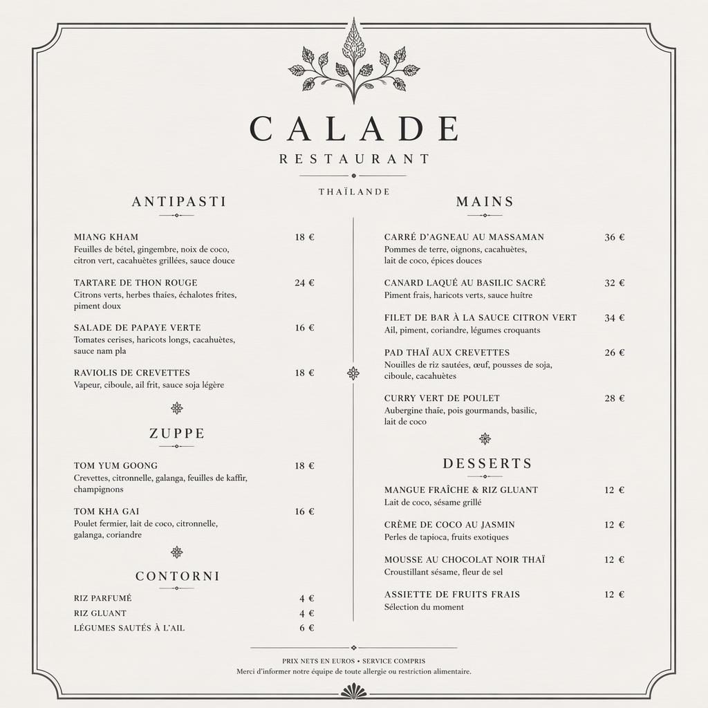 Carte de menu A4 portrait pour calade restaurant, style gastronomique thaï monochrome avec en-tête décoratif et colonne de prix.