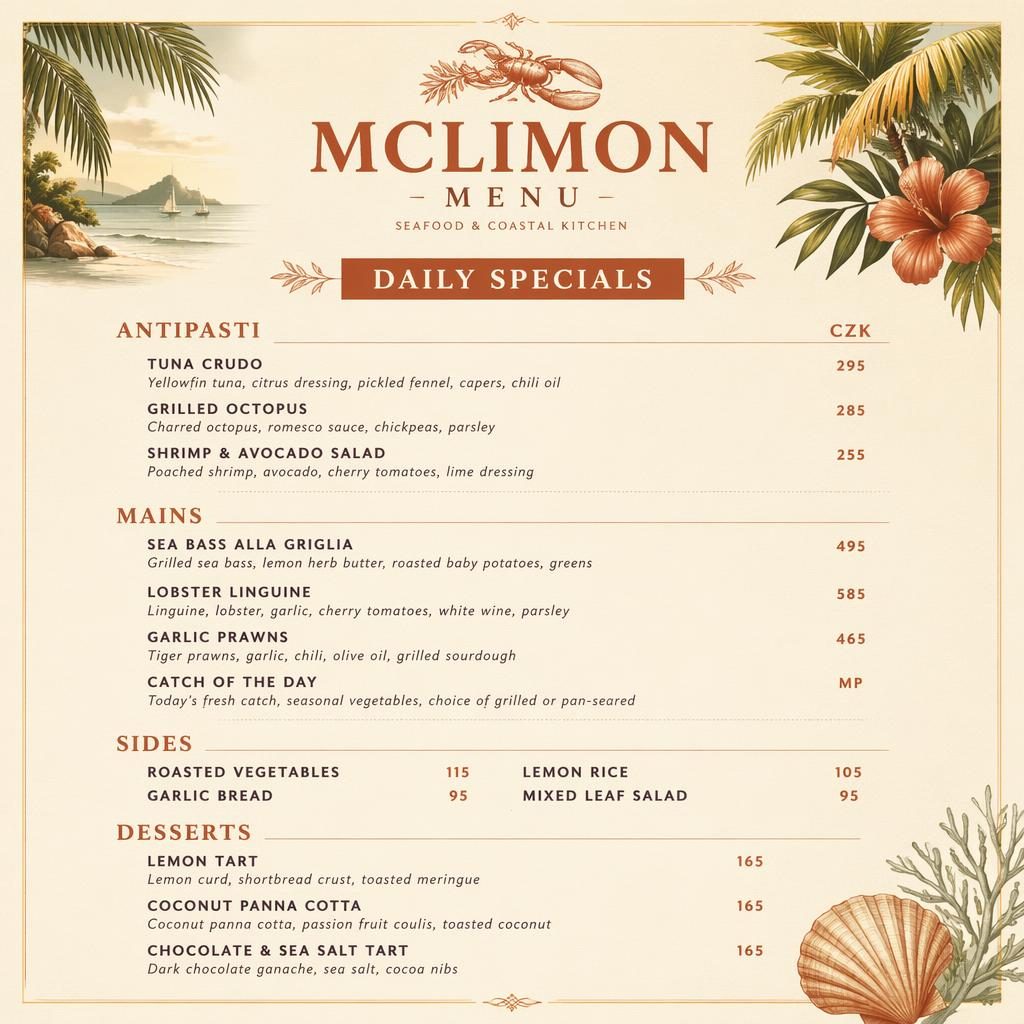 A4 jídelní lístek mclimon menu s mořskými plody, krémovo-rezavou paletou, dekorativní hlavičkou a cenami.