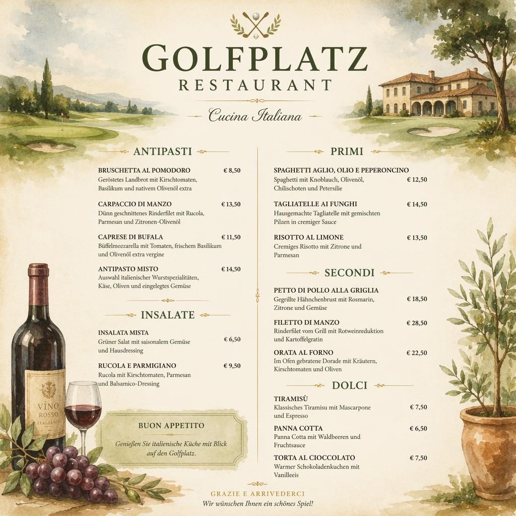 A4-Weinkarte für ein italienisches golfplatz restaurant mit Aquarelllook, warmer Erdpalette, Zierkopf und Preisspalte
