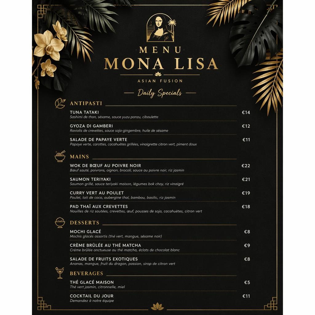 Carte de menu A4 portrait menu mona lisa, style resort tropical noir et or, sections, plats, descriptions et prix.