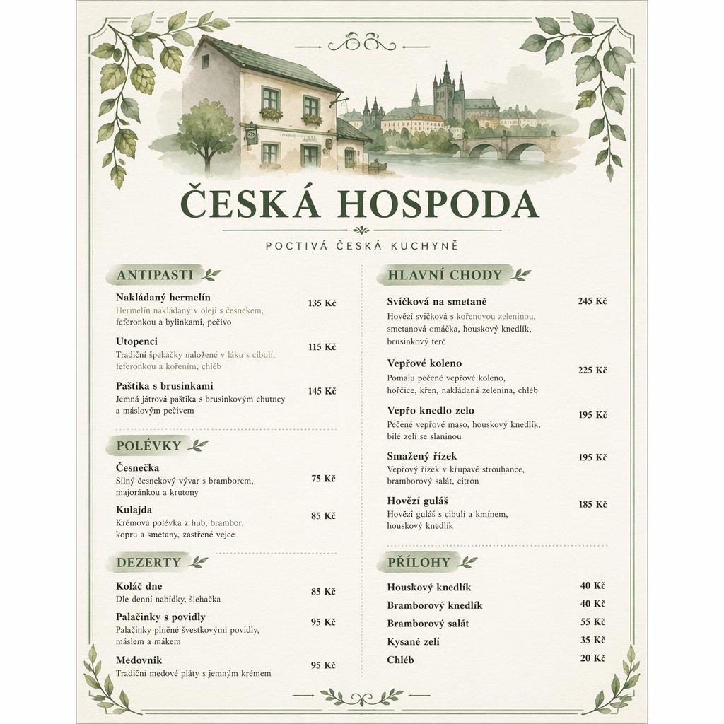 A4 vinný lístek pro česká hospoda v akvarelovém stylu, šalvějová a slonovinová paleta, dekorativní záhlaví a ceny