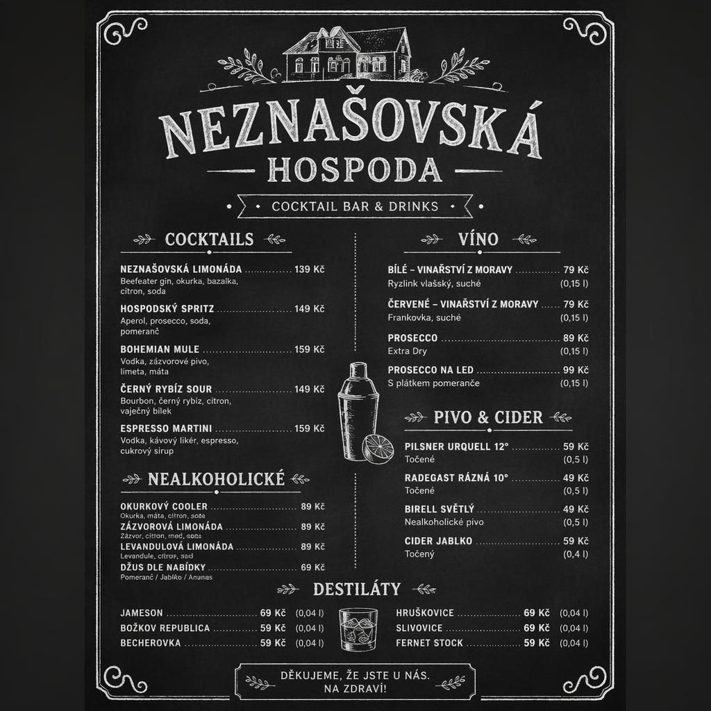 A4 nápojový lístek pro neznašovská hospoda v černobílém křídovém stylu s dekorativní hlavičkou a cenami.