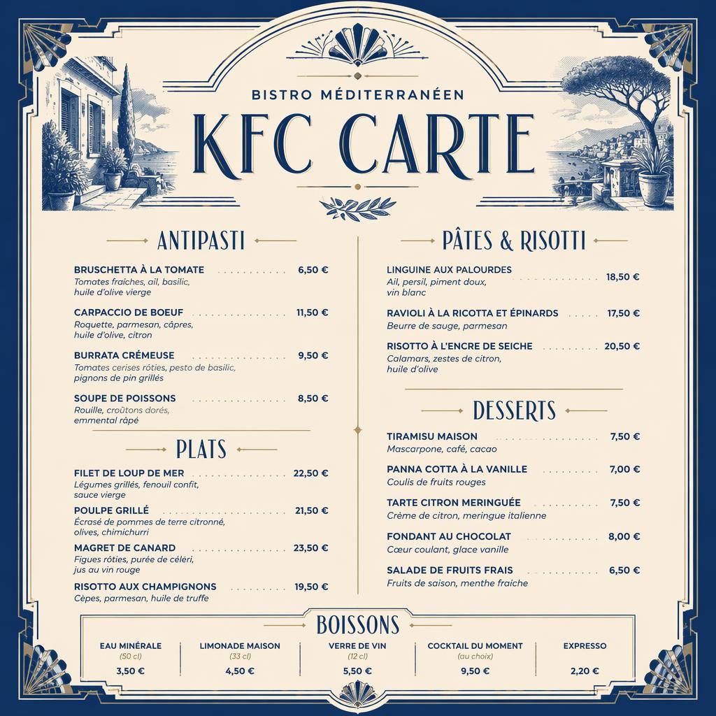 Carte de desserts style art déco en format A4 portrait, bleu méditerranéen et crème, avec en-tête décoratif et colonne de prix.