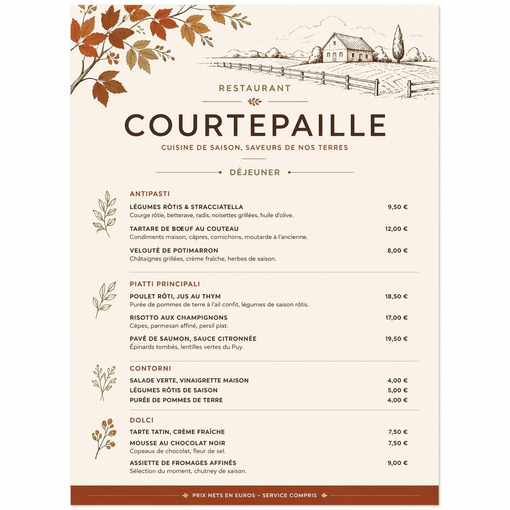 Carte de déjeuner A4 en style suisse minimaliste, palette automnale, rubriques, plats fictifs, descriptions et colonne de prix.