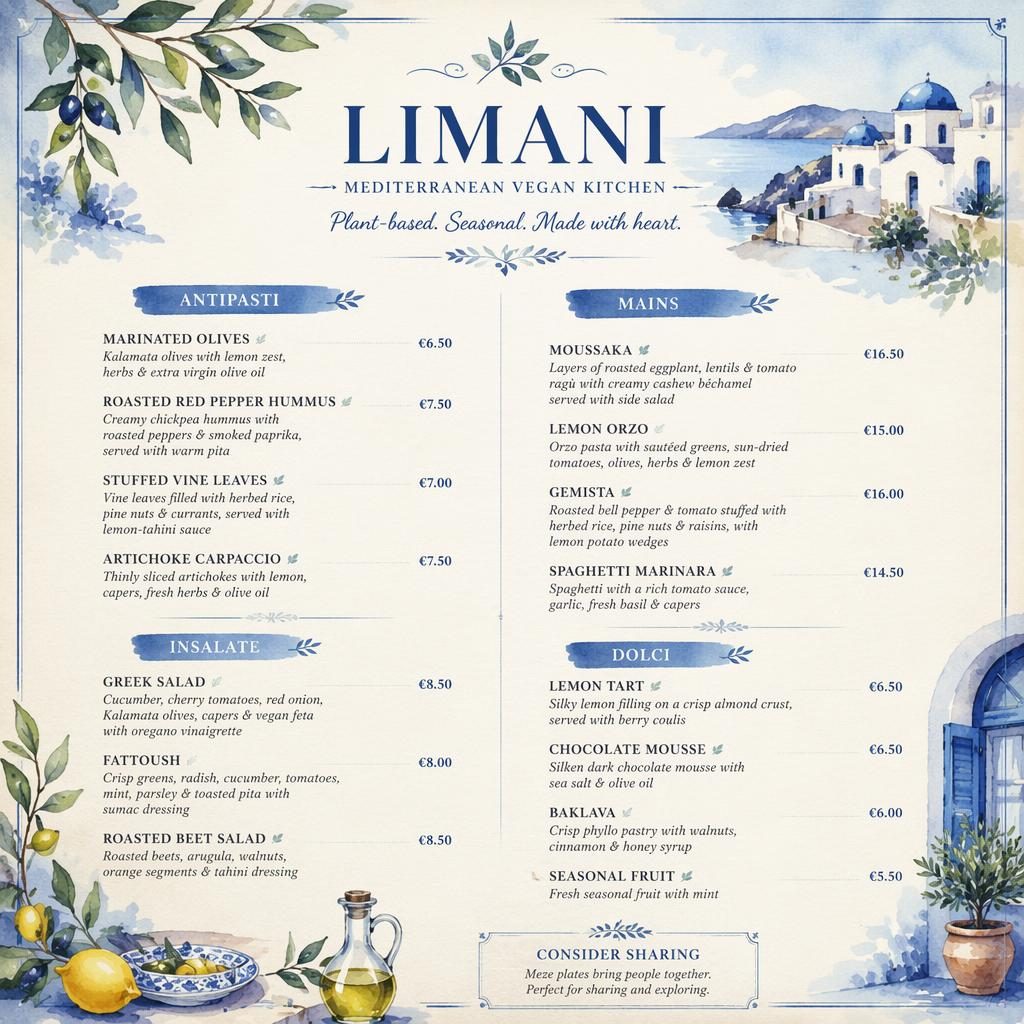 A4 portrait vegan wine list menu card with watercolor Mediterranean blue and cream layout, decorative header, placeholders and prices.