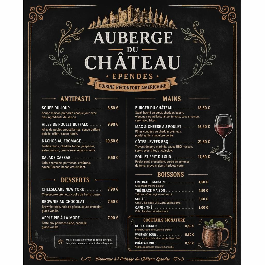 Carte de cocktails A4 verticale style ardoise, palette terre chaude, en-tête décoratif, rubriques, descriptions et prix.