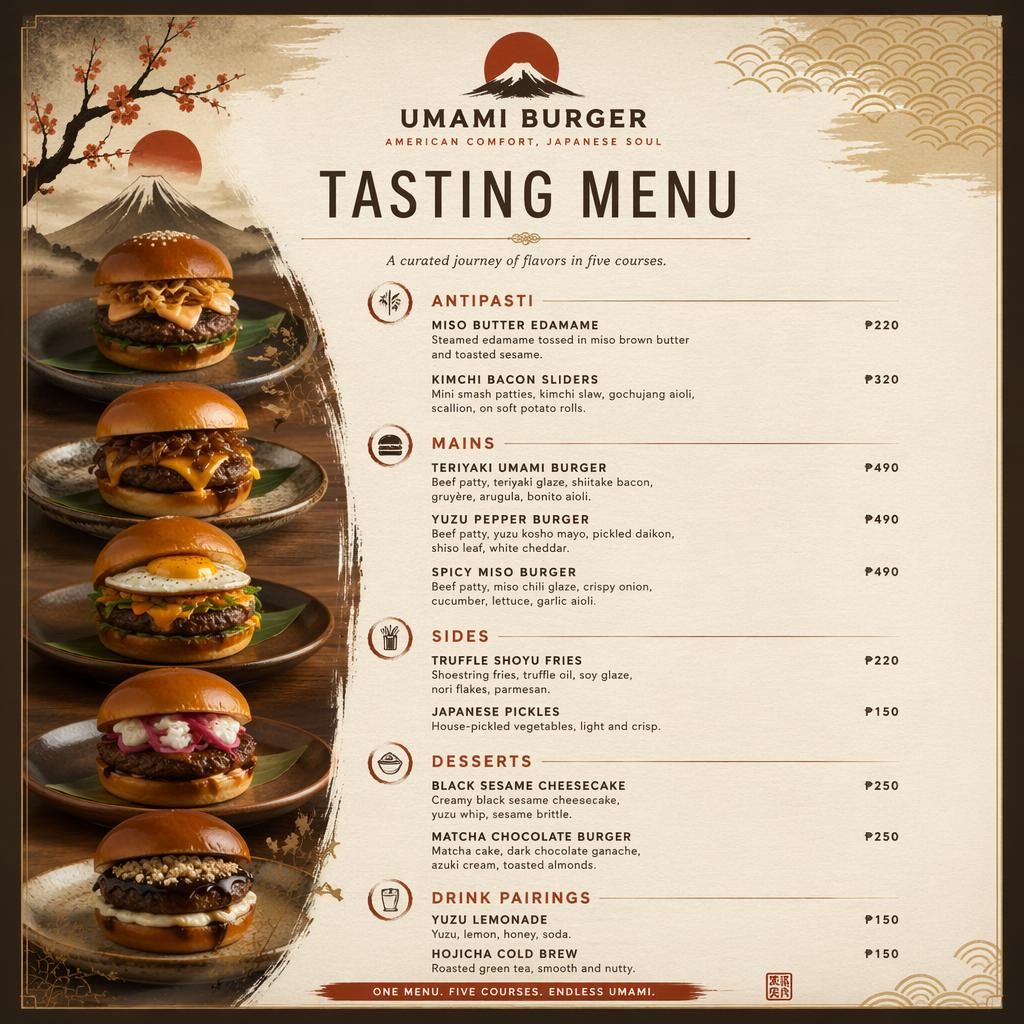A4 portrait menu card mockup for burger tarpaulin layout with decorative header, sections, dish names, descriptions, and prices.