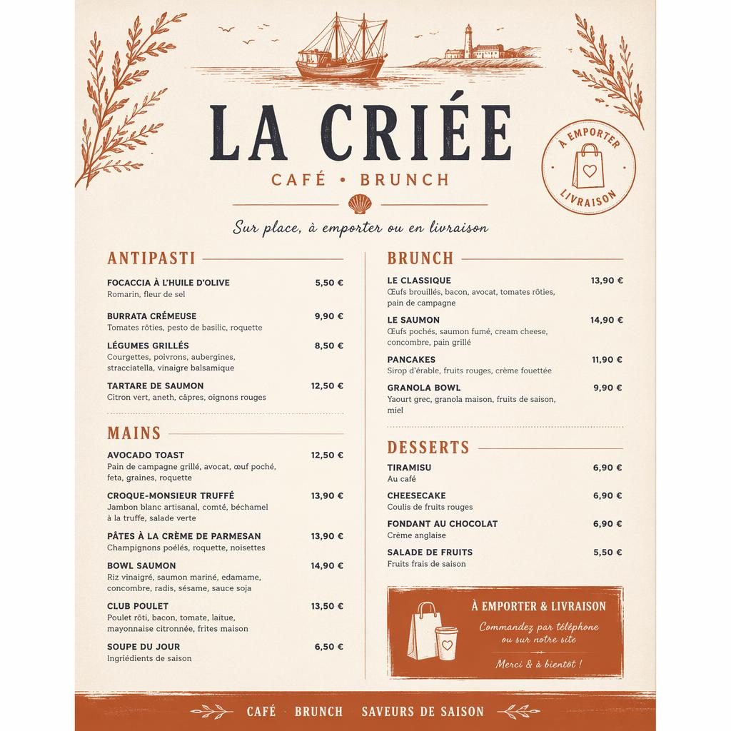 Menu A4 portrait style rustique chaud, tons crème et rouille, avec en-tête décoratif, rubriques, plats et prix.