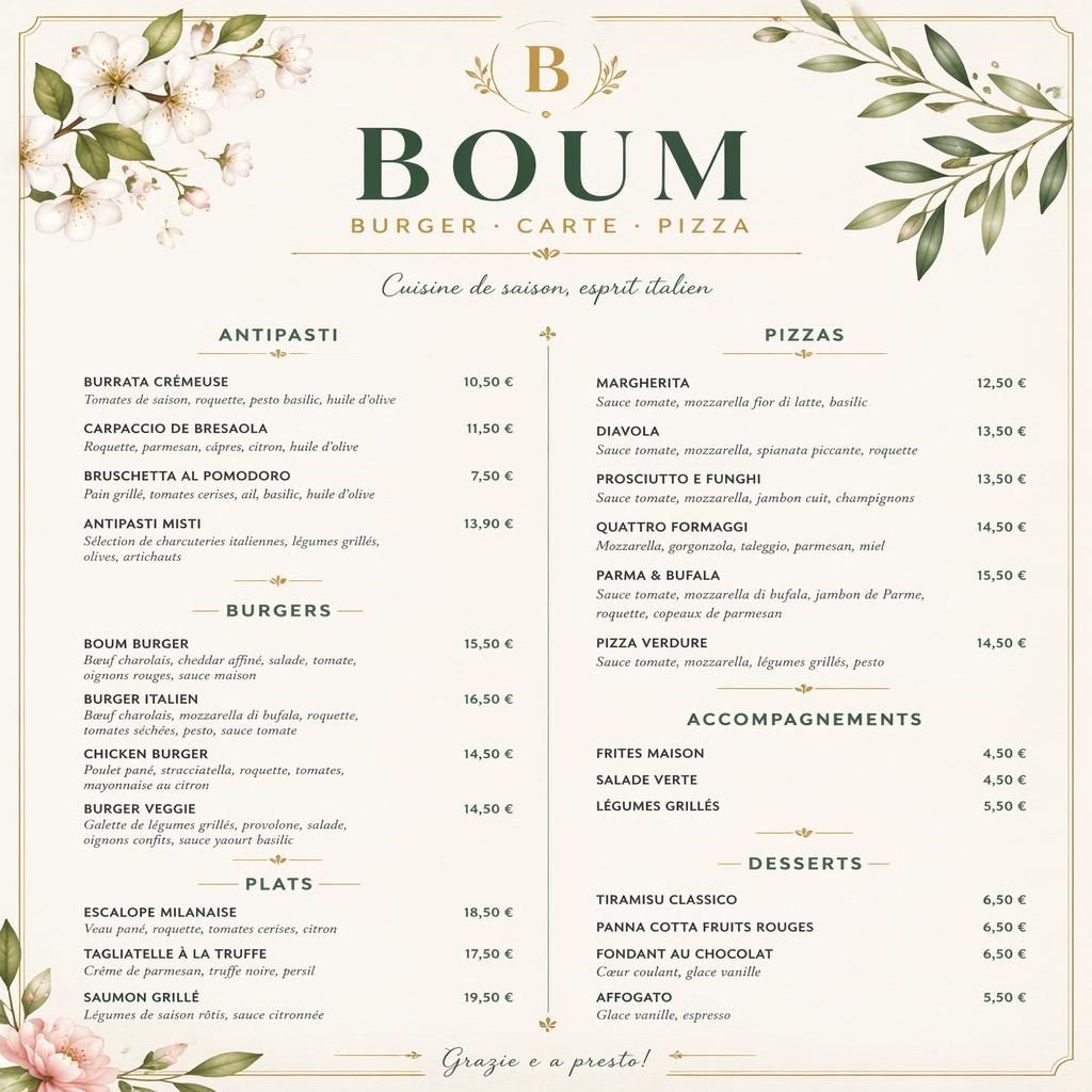 Carte de menu A4 portrait luxe pour dîner, avec en-tête décoratif, sections, plats fictifs, descriptions et colonne de prix.