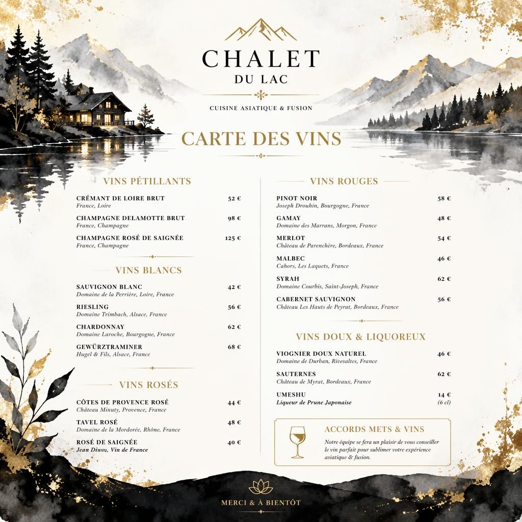 Carte des vins A4 portrait pour chalet du lac menu, style aquarelle cosy noir et or, en-tête décoratif et prix.