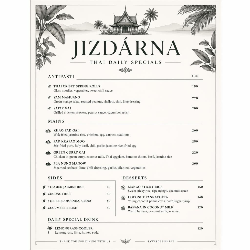 Tiskový jídelní lístek A4 na výšku pro jizdarna menu, thajské denní speciality, tropický minimalistický vzhled.
