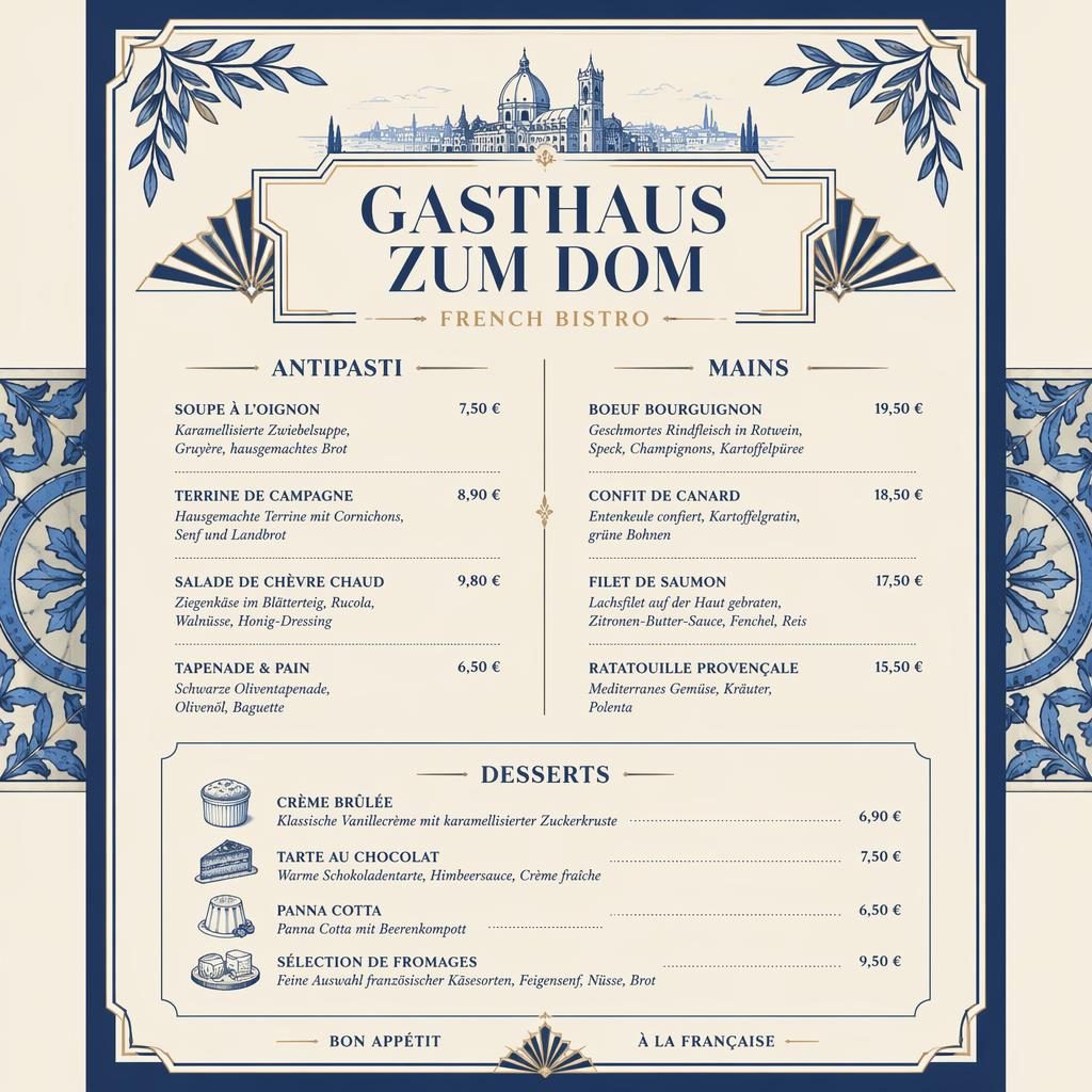 A4-Dessertkarte für gasthaus zum dom im Art-Déco-Stil, blau-cremefarben, mit dekorativem Kopf, Platzhaltertext und Preisen.