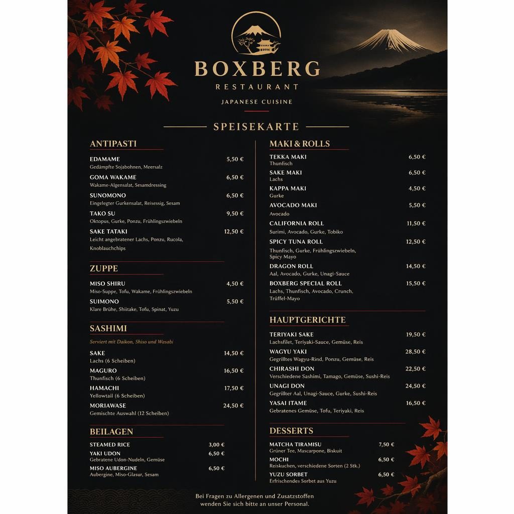 A4-Menükarte im Hochformat für japanisches Sushi-Fine-Dining mit Herbstfarben, dekorativem Header und Preisspalte.
