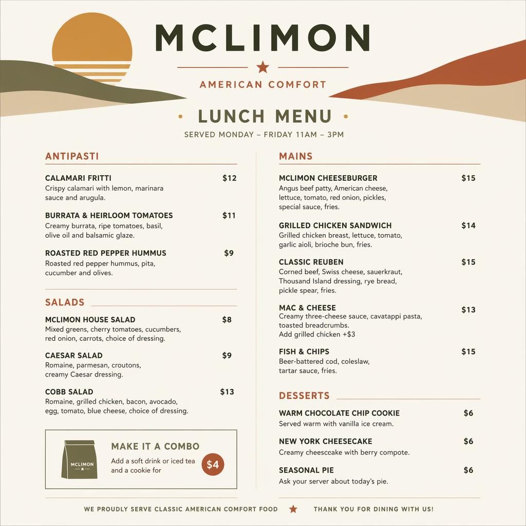 Minimalistický obědový jídelní lístek mclimon menu ve švýcarském stylu, A4 na výšku, teplé zemité tóny a ceny.