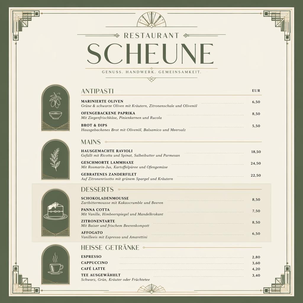 A4-Dessertkarte für Restaurant Scheune in Salbeigrün und Elfenbein mit Art-Déco-Kopfzeile, Platzhaltertext und Preisen