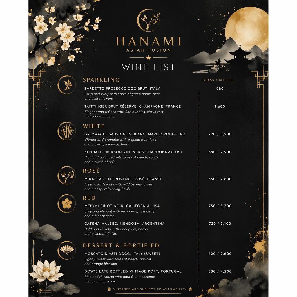 A4 portrait wine list menu decoration with watercolor cozy styling, black and gold palette, decorative header and prices.