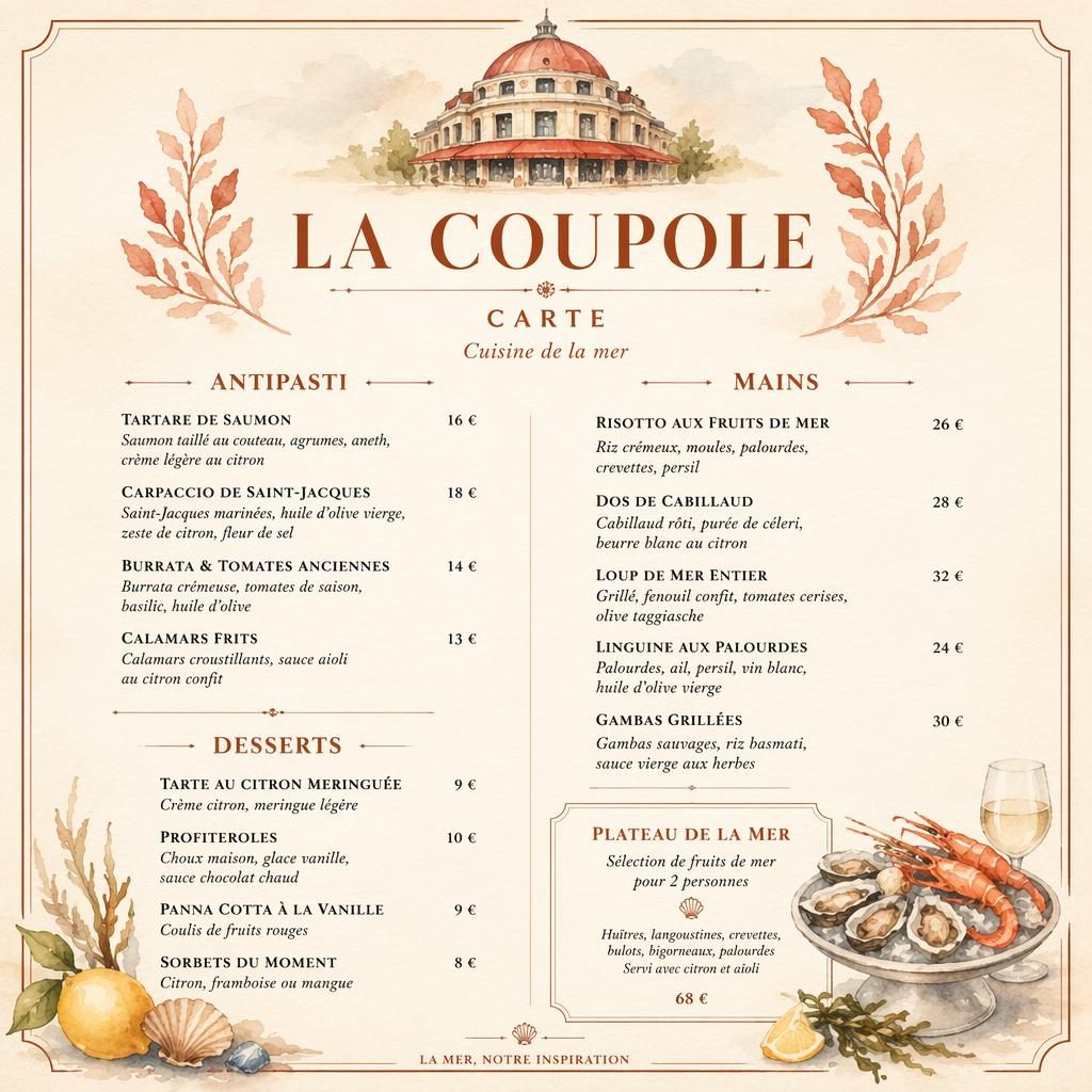 Carte des vins A4 en portrait, style aquarelle crème et rouille, avec en-tête décoratif, typographie fictive et colonne de prix.