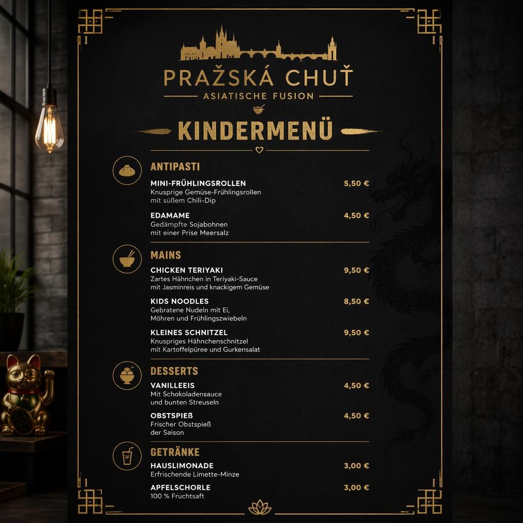 A4-Kinder-Menükarte für tschechisches restaurant, Industrial-Loft-Design in Schwarz und Gold mit Platzhaltertext und Preisen