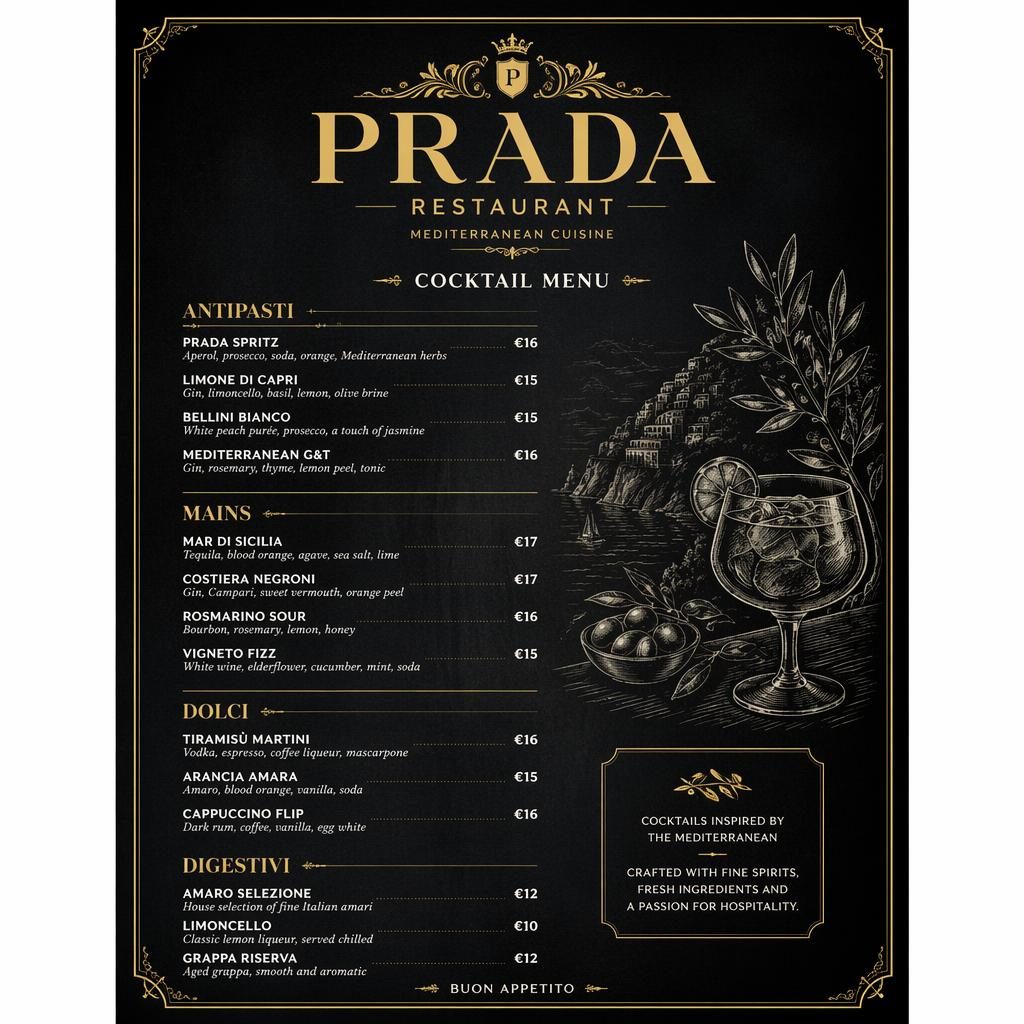 A4 portrait cocktail menu for prada restaurant in black chalkboard style with gold accents, decorative header, sections, and prices.
