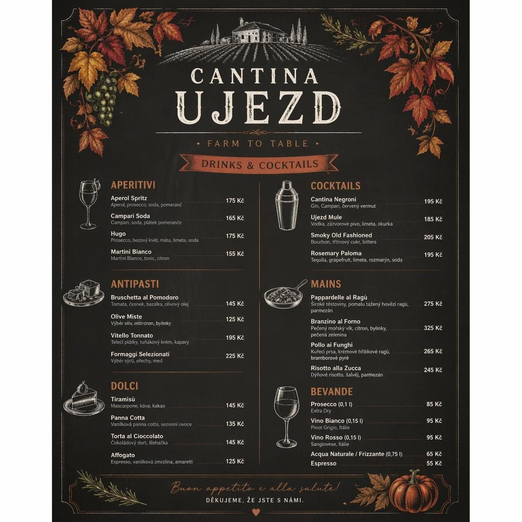 A4 koktejlový lístek cantina ujezd v tabulovém café stylu s podzimní paletou, dekorativní hlavičkou a cenami.