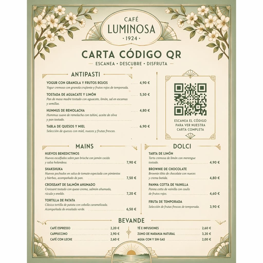 Tarjeta de menú A4 en vertical para brunch, estilo vintage años 20, paleta primaveral, con cabecera decorativa y precios.