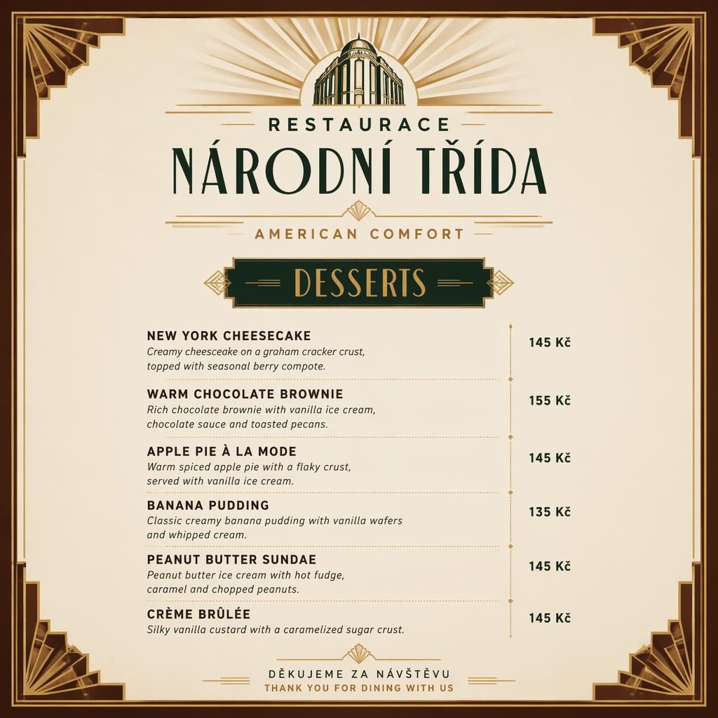 A4 dezertní menu restaurace národní třída v art deco stylu, teplá zemité paleta, dekorativní záhlaví a sloupec cen