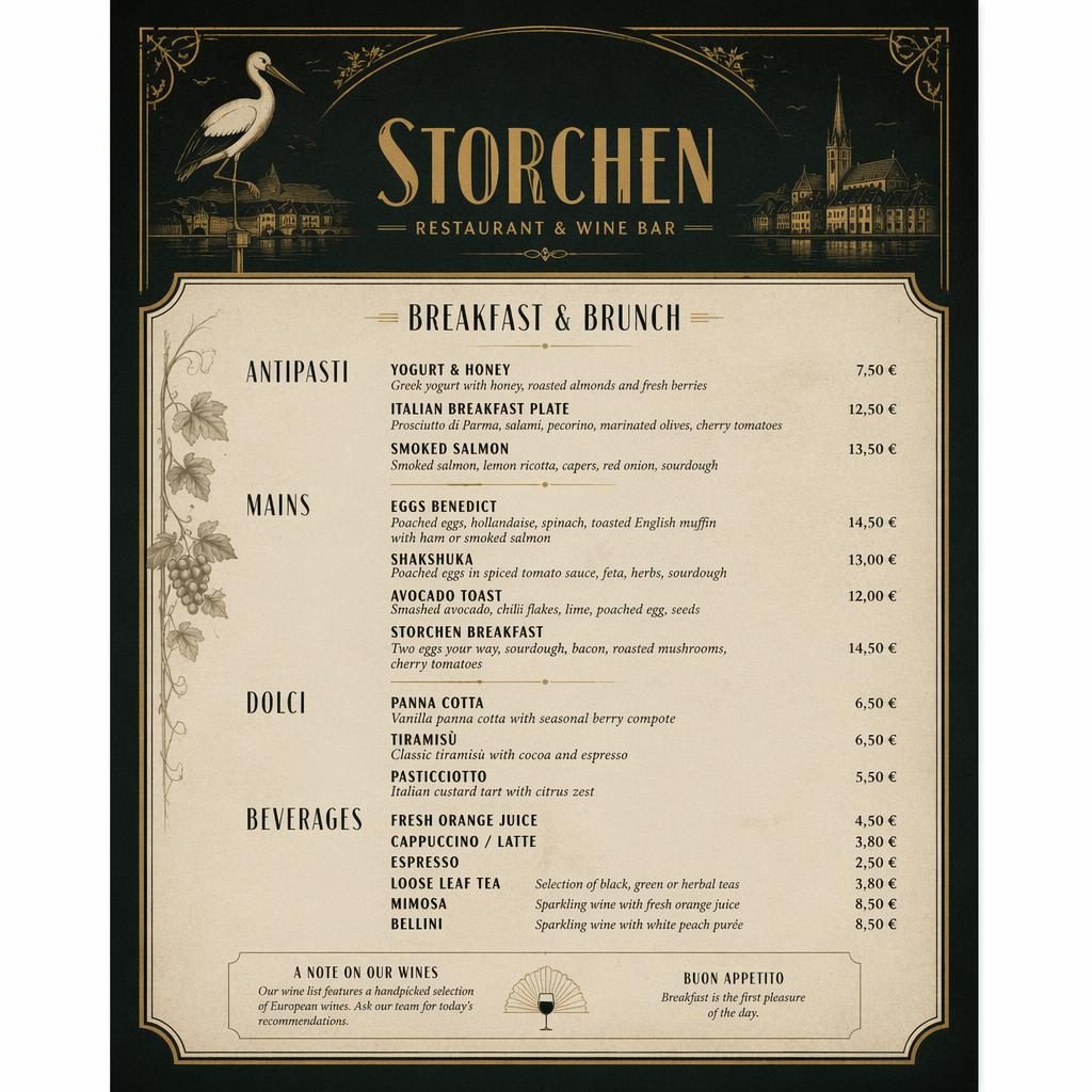 A4-Menükarte für storchen restaurant im Vintage-1920er-Stil, dunkel, mit dekorativem Header, Rubriken und Preisspalte.