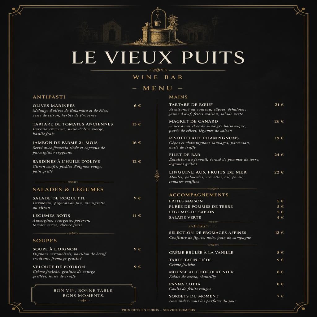 Carte de menu A4 portrait pour bar à vin, style gastronomique sombre, avec en-tête décoratif, sections et colonne de prix.