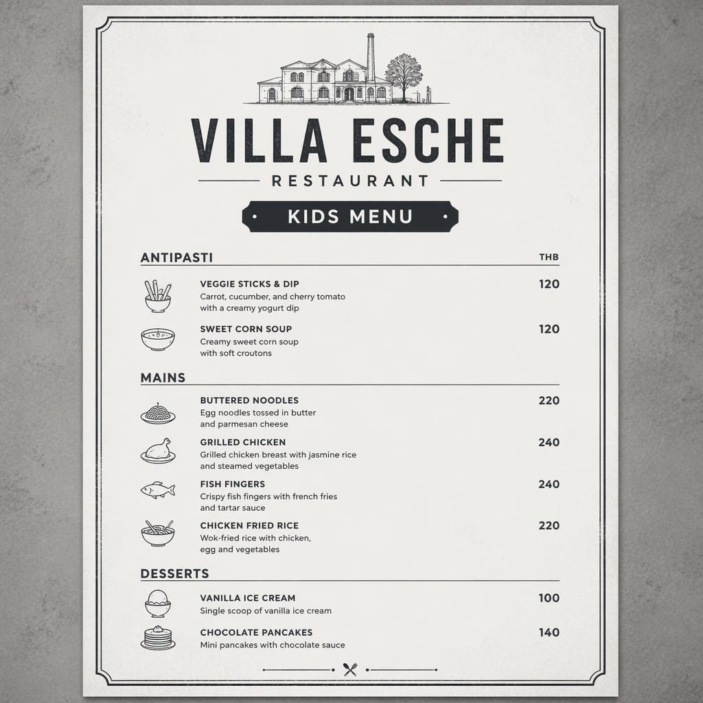 A4-Menükarte für Villa Esche Restaurant, Thai-Kinderkarte in monochromem Industrial-Loft-Design mit Preisleiste