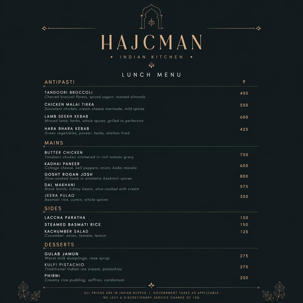 Tiskový jídelní lístek A4 na výšku pro hajcman menu, indická obědová nabídka v tmavém minimalistickém stylu.