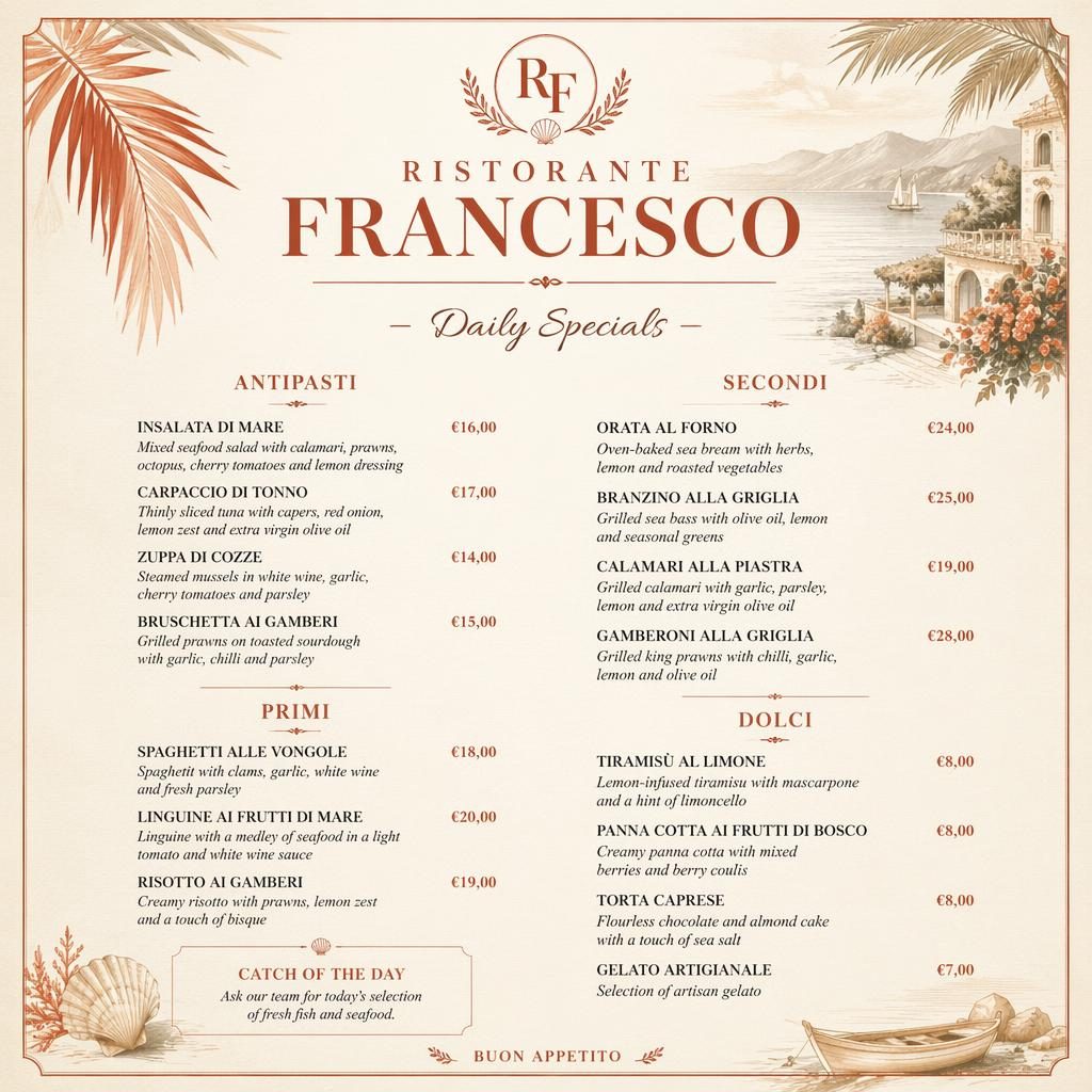 A4-Menükarte für Ristorante Francesco im Tropenresort-Stil, Creme-Rost-Farben, Seafood-Tagesgerichte und Preisspalte.